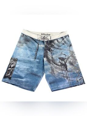 Affliction Board Shorts Size Men’s 42 Blue Samurai Skull Graphic Trunks Y2K